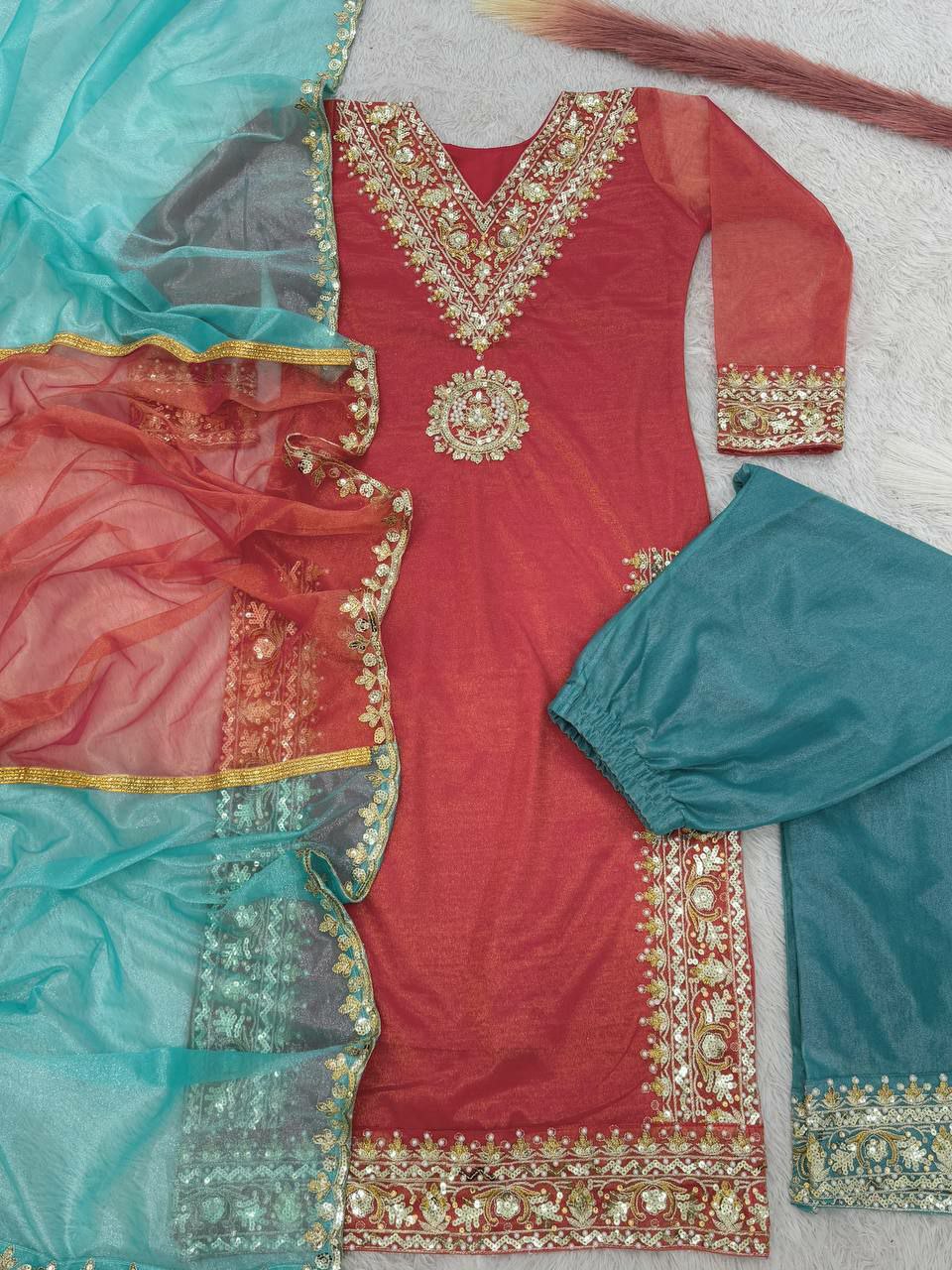 Prazu Fashion Red Organza Embroidered Plazzo Suit | Grocsy