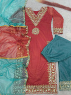 Prazu Fashion Red Organza Embroidered Plazzo Suit | Grocsy