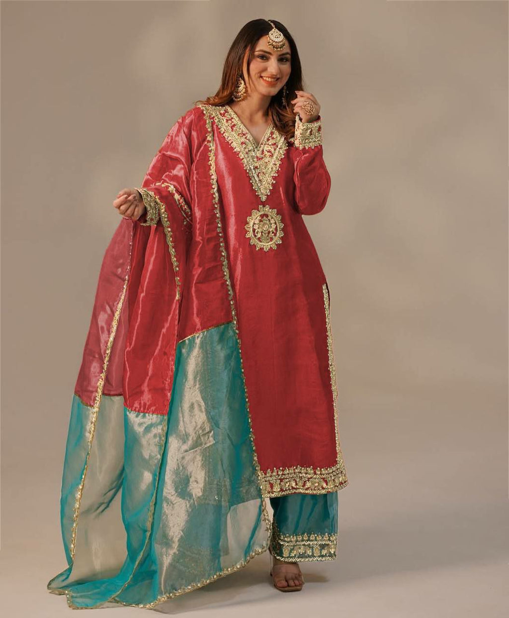 Prazu Fashion Red Organza Embroidered Plazzo Suit | Grocsy