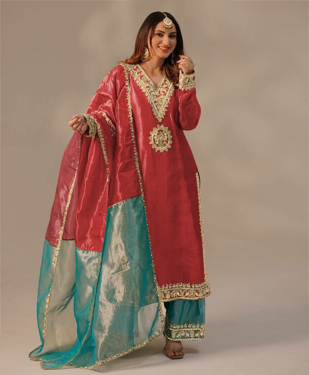 Prazu Fashion Red Organza Embroidered Plazzo Suit | Grocsy