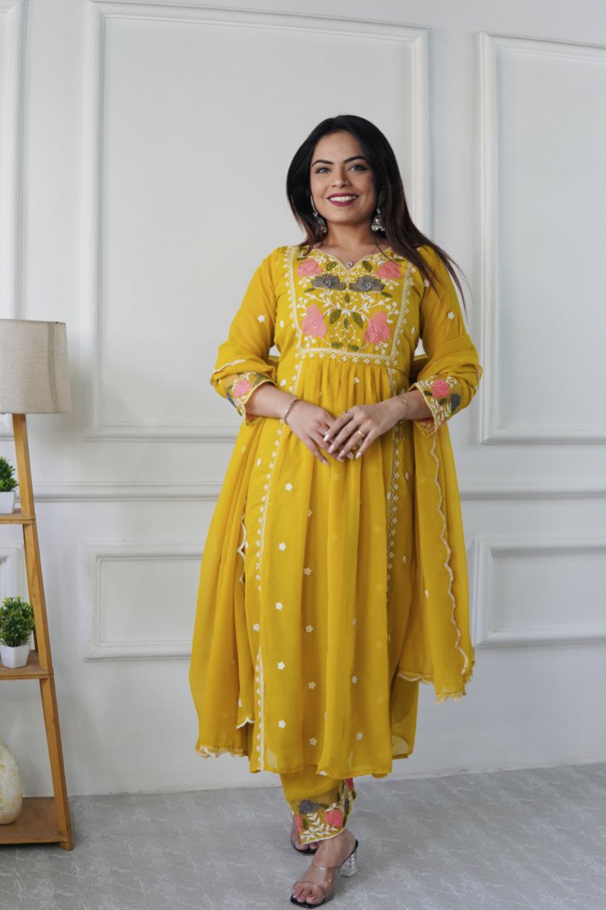 Prazu Fashion Yellow Georgette Embroidered Salwar Suit | Grocsy