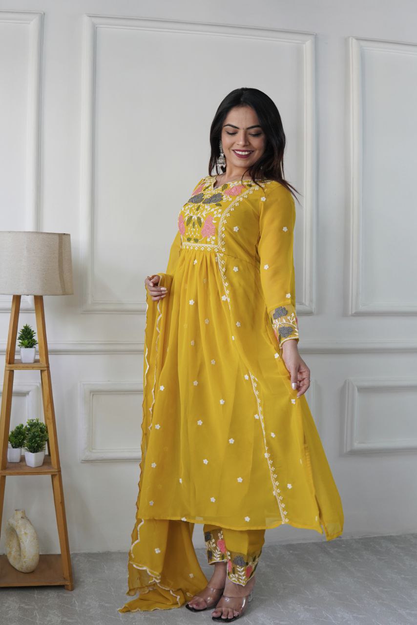 Prazu Fashion Yellow Georgette Embroidered Salwar Suit | Grocsy