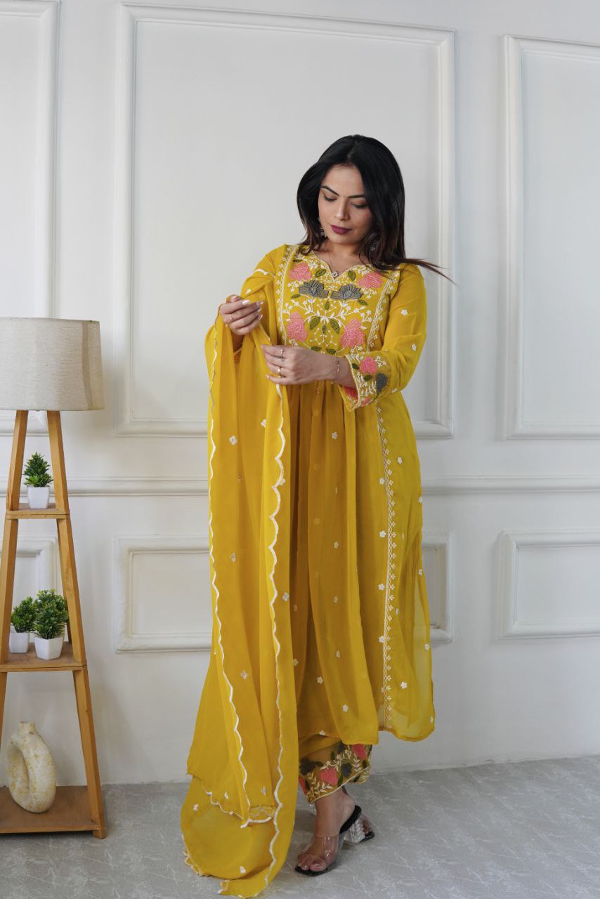 Prazu Fashion Yellow Georgette Embroidered Salwar Suit | Grocsy