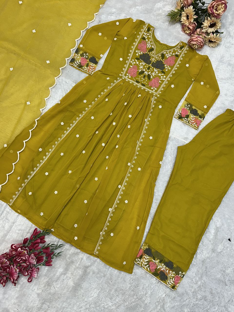 Prazu Fashion Yellow Georgette Embroidered Salwar Suit | Grocsy