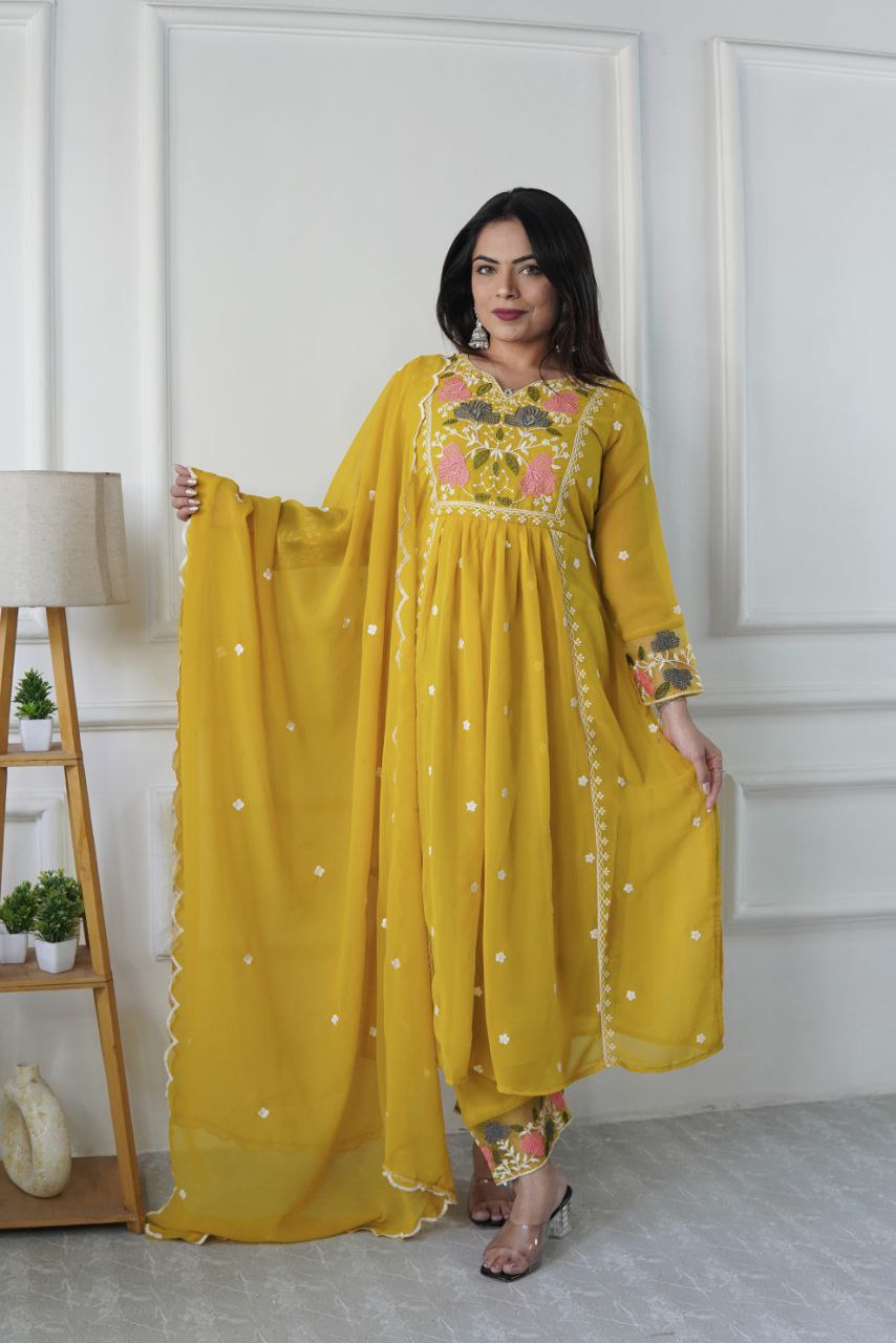 Prazu Fashion Yellow Georgette Embroidered Salwar Suit | Grocsy