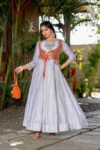 Prazu Fashion Off White Chinon Silk Laheriya Print Gown(Jacket Nd Hand Purse) | Grocsy