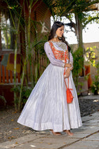 Prazu Fashion Off White Chinon Silk Laheriya Print Gown(Jacket Nd Hand Purse) | Grocsy