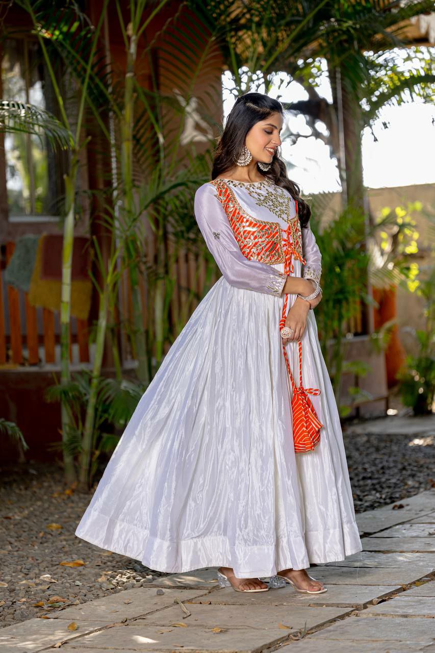 Prazu Fashion Off White Chinon Silk Laheriya Print Gown(Jacket Nd Hand Purse) | Grocsy