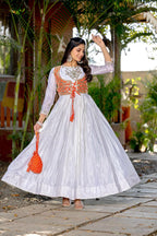 Prazu Fashion Off White Chinon Silk Laheriya Print Gown(Jacket Nd Hand Purse) | Grocsy