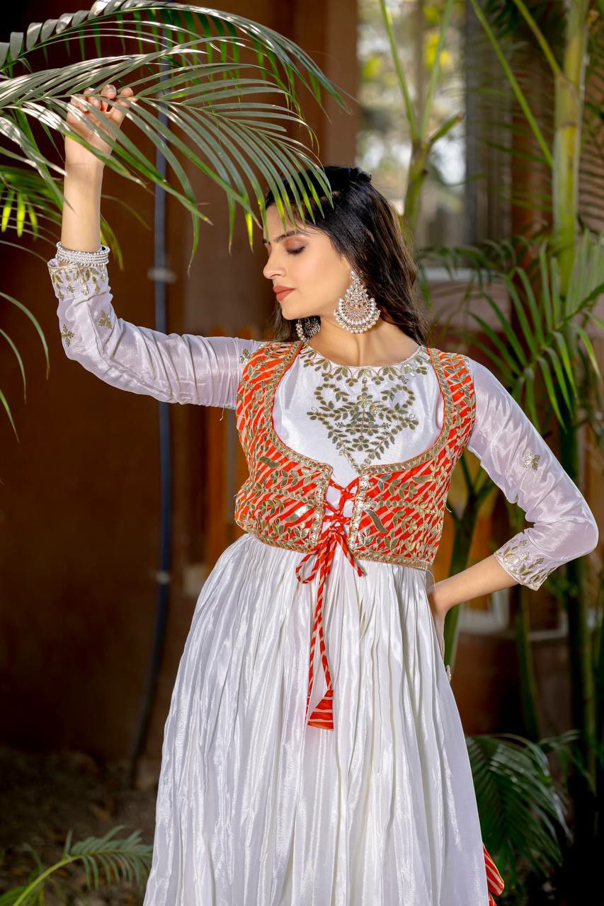 Prazu Fashion Off White Chinon Silk Laheriya Print Gown(Jacket Nd Hand Purse) | Grocsy