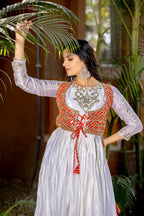 Prazu Fashion Off White Chinon Silk Laheriya Print Gown(Jacket Nd Hand Purse) | Grocsy