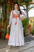 Prazu Fashion Off White Chinon Silk Laheriya Print Gown(Jacket Nd Hand Purse) | Grocsy