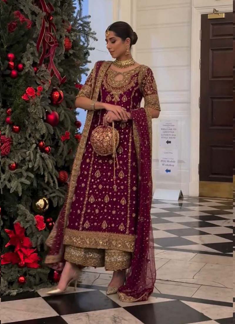 Prazu Fashion Wine Georgette Embroidered Salwar Suit | Grocsy