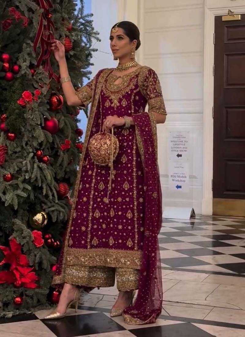 Prazu Fashion Wine Georgette Embroidered Salwar Suit | Grocsy