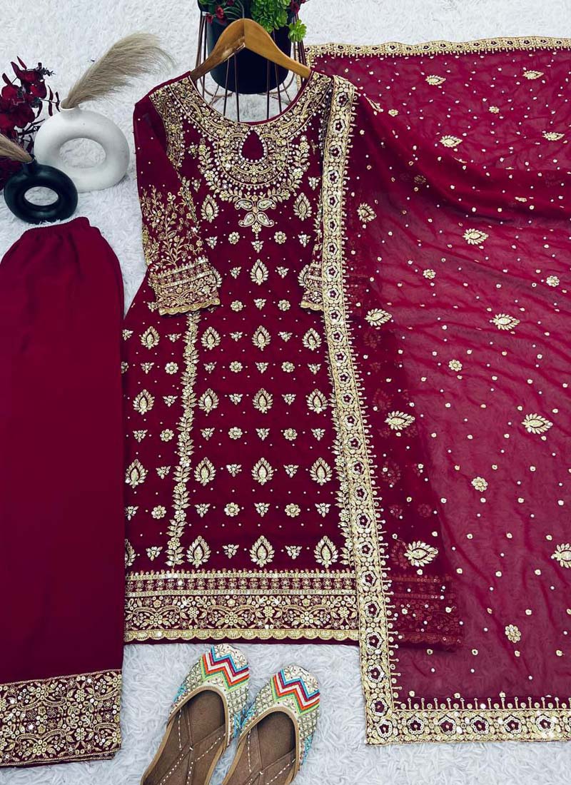 Prazu Fashion Wine Georgette Embroidered Salwar Suit | Grocsy