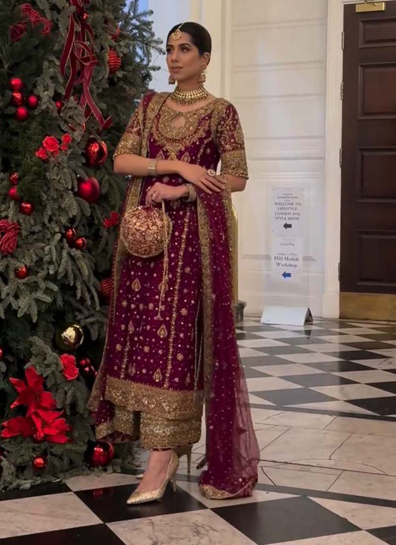 Prazu Fashion Wine Georgette Embroidered Salwar Suit | Grocsy