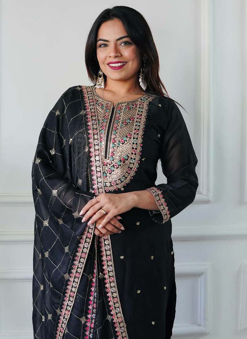 Prazu Fashion Designer Black Silk Embroidered Salwar Suit | Grocsy