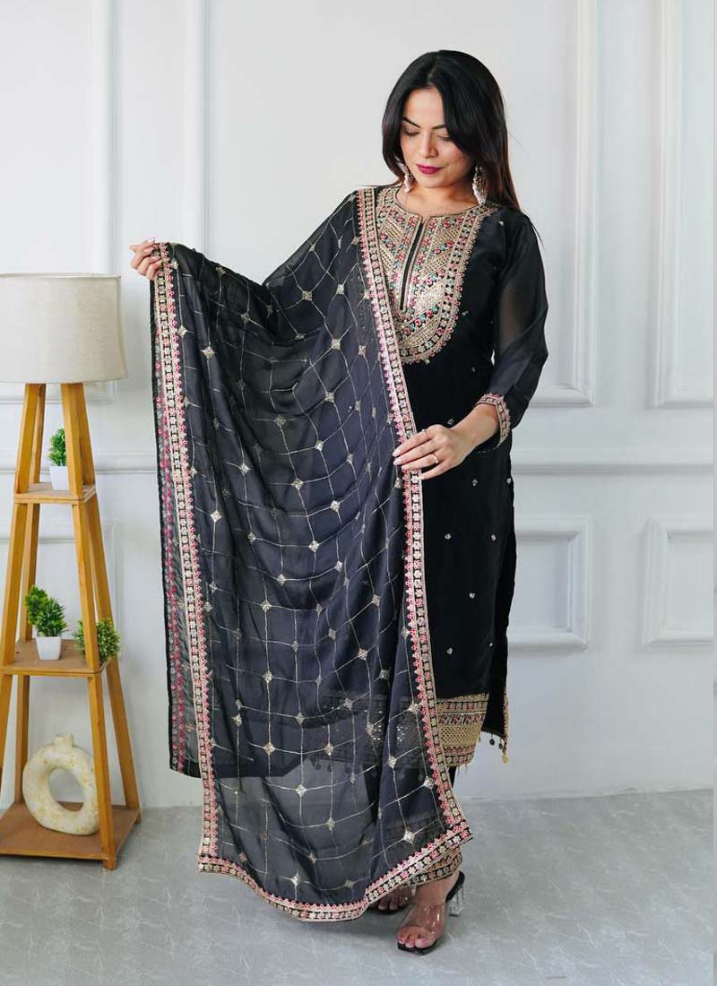 Prazu Fashion Designer Black Silk Embroidered Salwar Suit | Grocsy