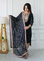 Prazu Fashion Designer Black Silk Embroidered Salwar Suit | Grocsy