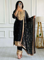 Prazu Fashion Designer Black Silk Embroidered Salwar Suit | Grocsy