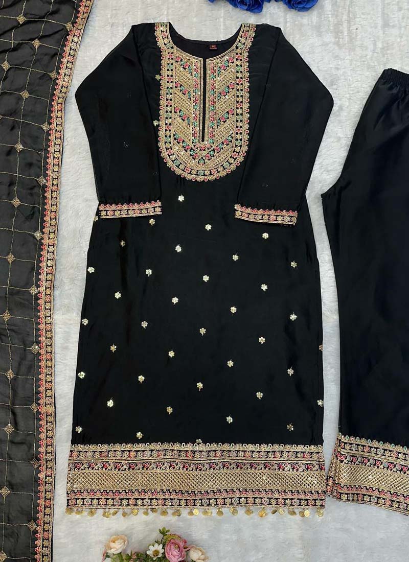 Prazu Fashion Designer Black Silk Embroidered Salwar Suit | Grocsy
