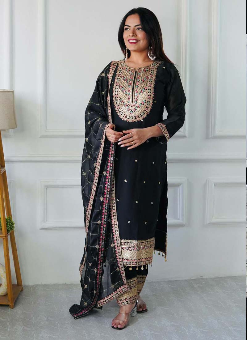 Prazu Fashion Designer Black Silk Embroidered Salwar Suit | Grocsy