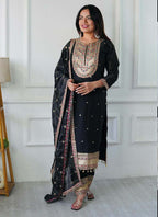 Prazu Fashion Designer Black Silk Embroidered Salwar Suit | Grocsy
