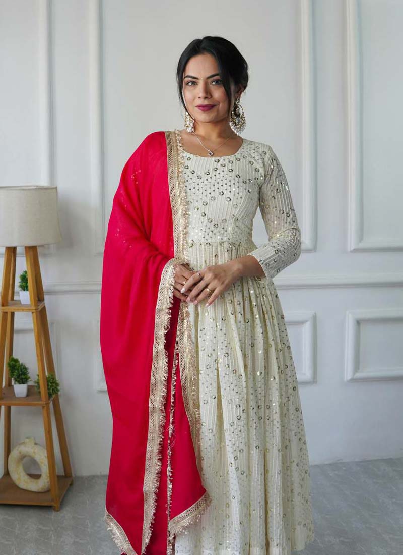 Prazu Fashion Off White Georgette Embroidered Anarkali Suit | Grocsy