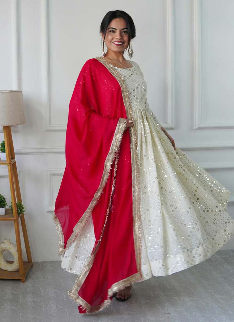 Prazu Fashion Off White Georgette Embroidered Anarkali Suit | Grocsy