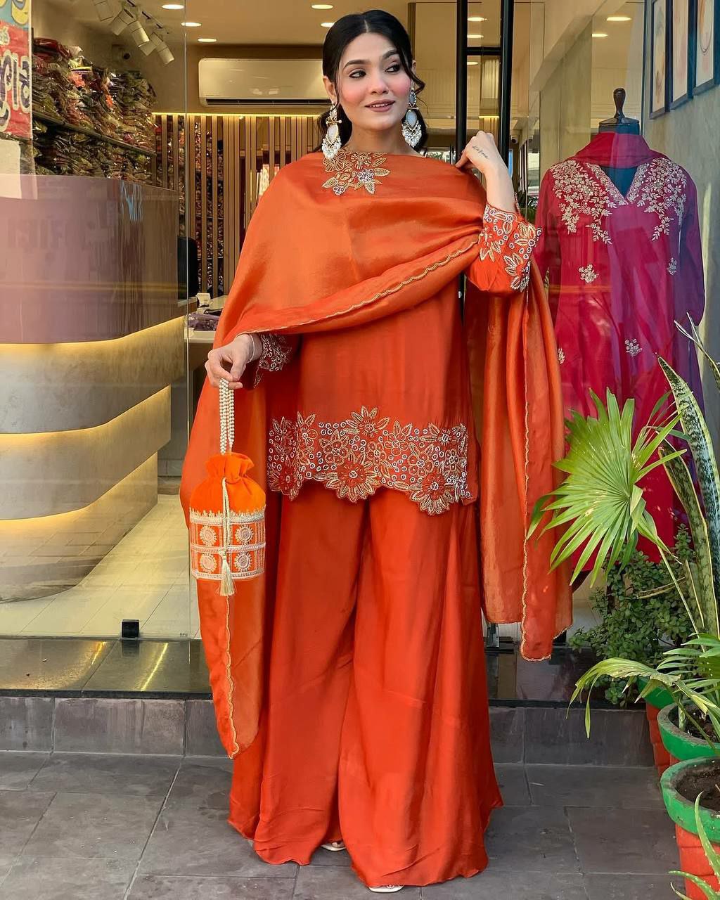Prazu Fashion Designer Orange Georgette Embroidered Plazzo Suit | Grocsy