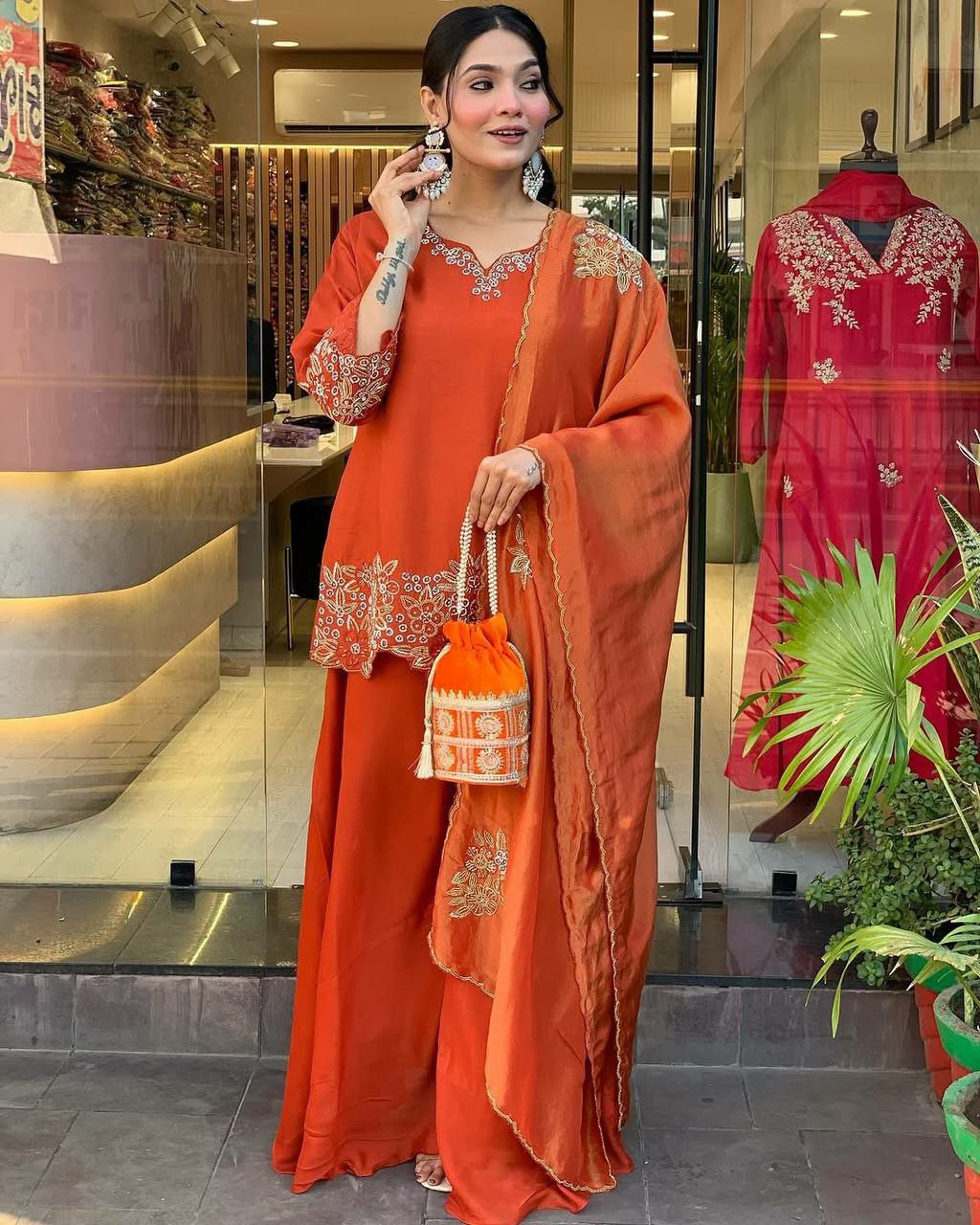 Prazu Fashion Designer Orange Georgette Embroidered Plazzo Suit | Grocsy