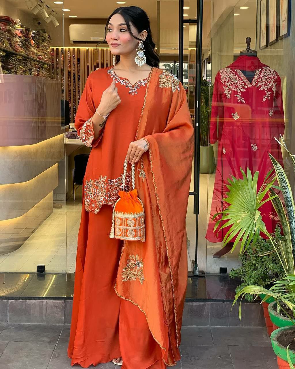 Prazu Fashion Designer Orange Georgette Embroidered Plazzo Suit | Grocsy