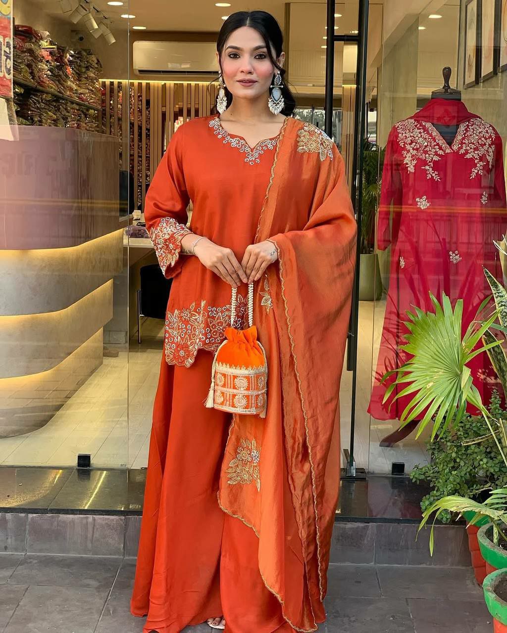 Prazu Fashion Designer Orange Georgette Embroidered Plazzo Suit | Grocsy