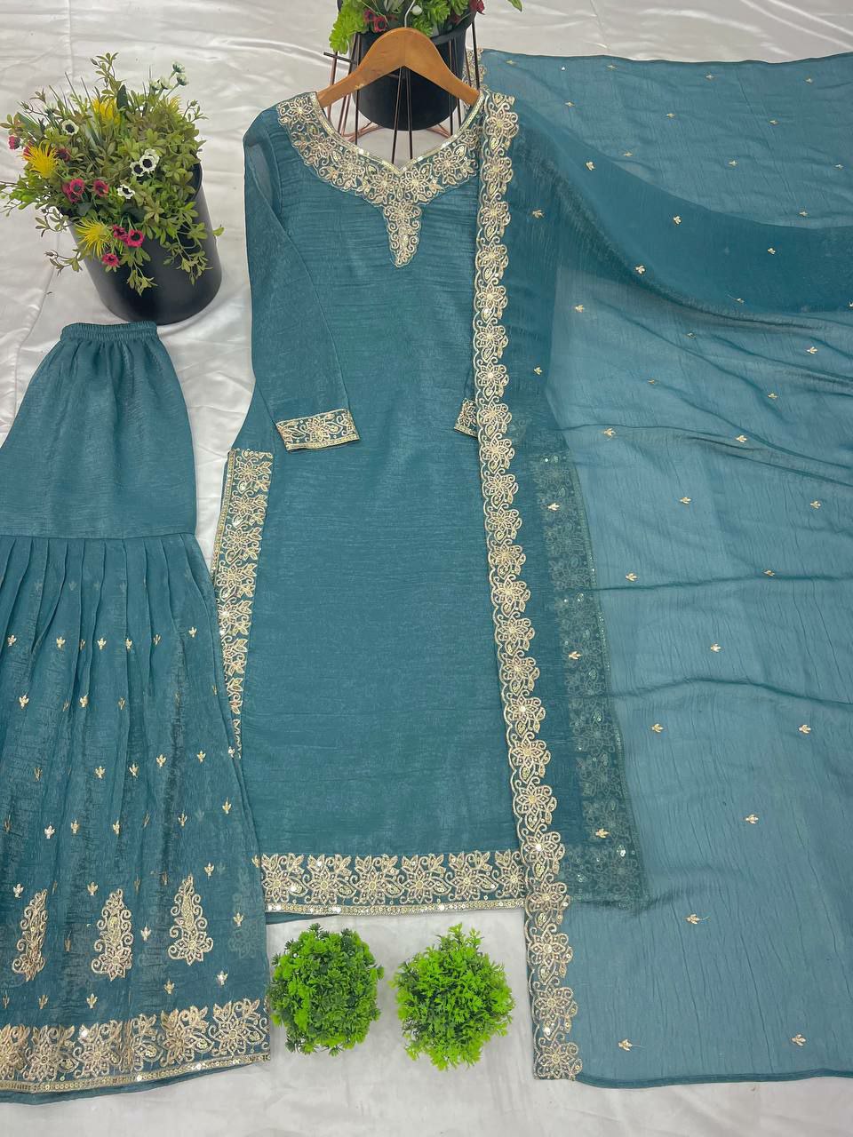 Prazu Fashion Sky Blue Heavy Crunchy Silk Embroidered Palazzo Suit | Grocsy