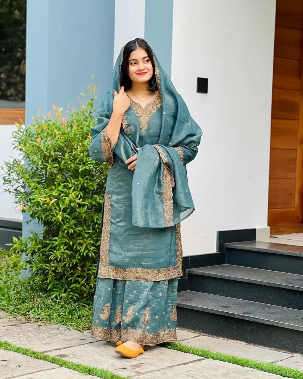 Prazu Fashion Sky Blue Heavy Crunchy Silk Embroidered Palazzo Suit | Grocsy