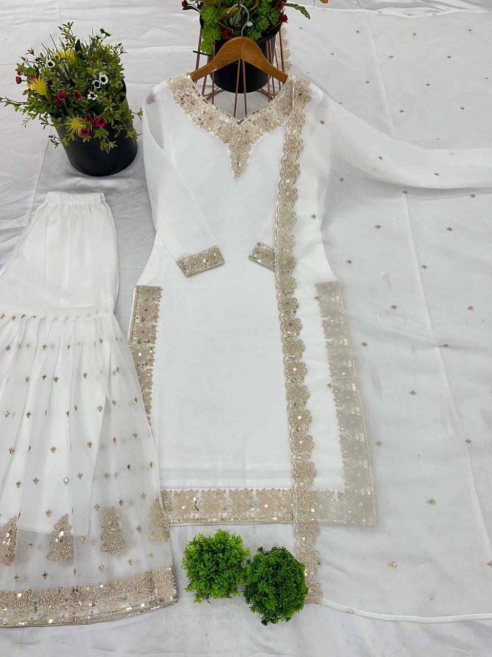 Prazu Fashion White Heavy Crunchy Silk Embroidered Palazzo Suit | Grocsy