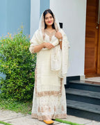 Prazu Fashion White Heavy Crunchy Silk Embroidered Palazzo Suit | Grocsy