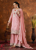 Prazu Fashion Baby Pink Chinon Silk Embroidered Codding Work Palazzo Suit | Grocsy