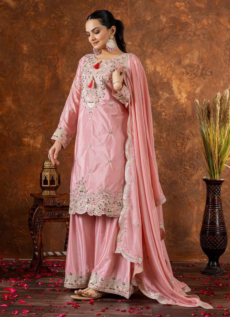 Prazu Fashion Baby Pink Chinon Silk Embroidered Codding Work Palazzo Suit | Grocsy