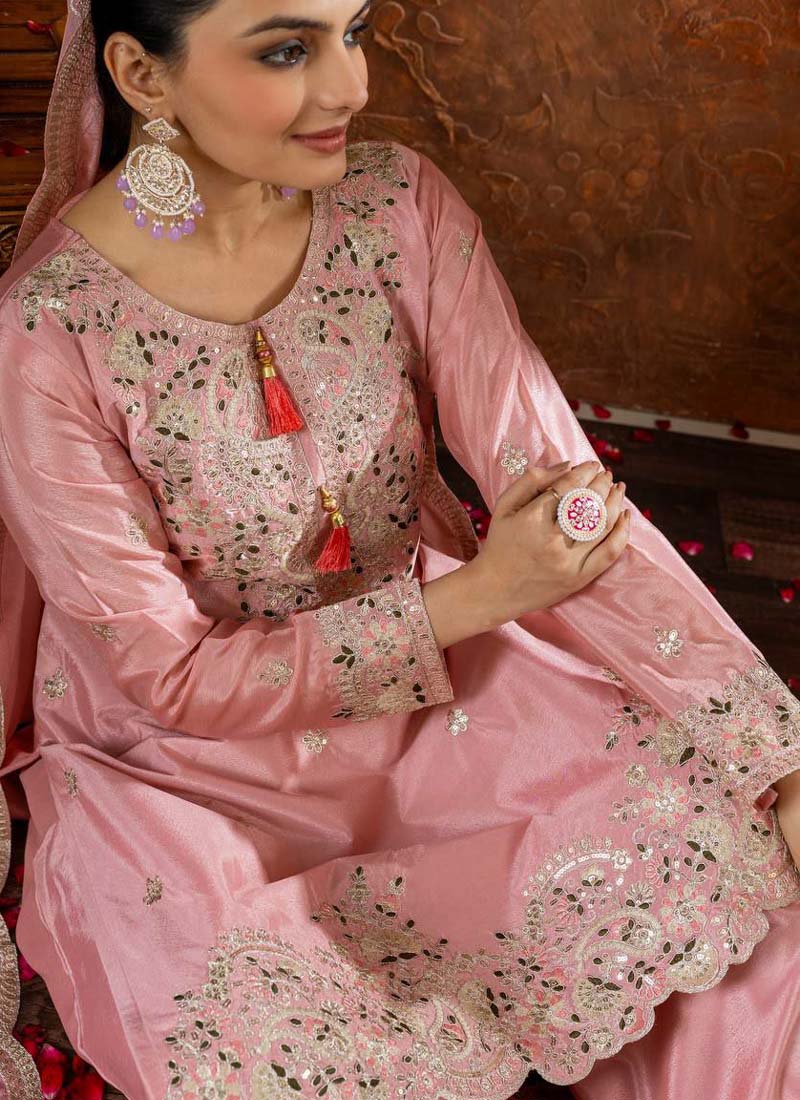 Prazu Fashion Baby Pink Chinon Silk Embroidered Codding Work Palazzo Suit | Grocsy