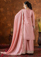 Prazu Fashion Baby Pink Chinon Silk Embroidered Codding Work Palazzo Suit | Grocsy