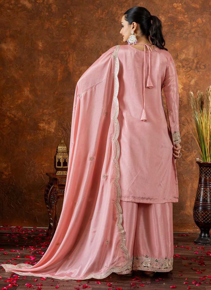 Prazu Fashion Baby Pink Chinon Silk Embroidered Codding Work Palazzo Suit | Grocsy