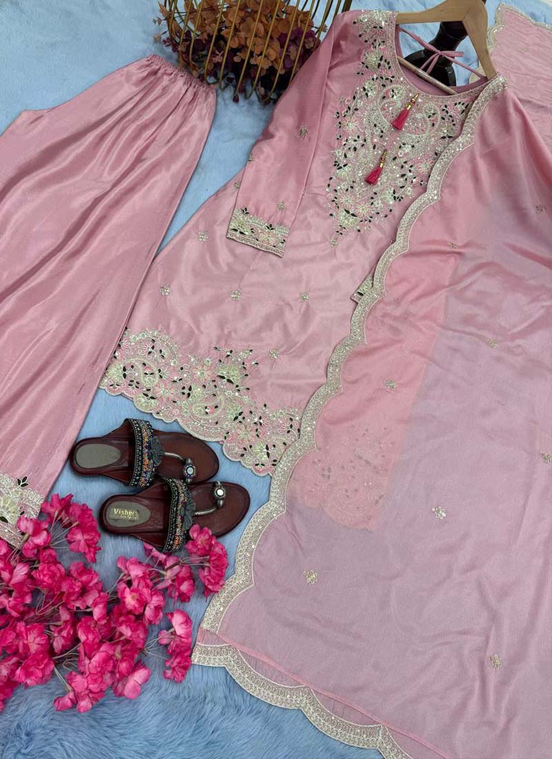 Prazu Fashion Baby Pink Chinon Silk Embroidered Codding Work Palazzo Suit | Grocsy