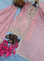 Prazu Fashion Baby Pink Chinon Silk Embroidered Codding Work Palazzo Suit | Grocsy