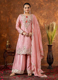 Prazu Fashion Baby Pink Chinon Silk Embroidered Codding Work Palazzo Suit | Grocsy