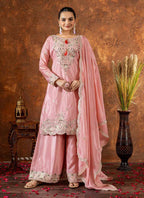 Prazu Fashion Baby Pink Chinon Silk Embroidered Codding Work Palazzo Suit | Grocsy
