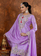 Prazu Fashion Lavender Chinon Silk Embroidered Codding Work Plazzo Suit | Grocsy