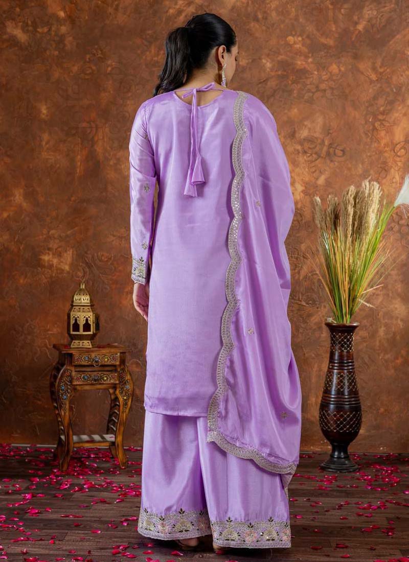 Prazu Fashion Lavender Chinon Silk Embroidered Codding Work Plazzo Suit | Grocsy