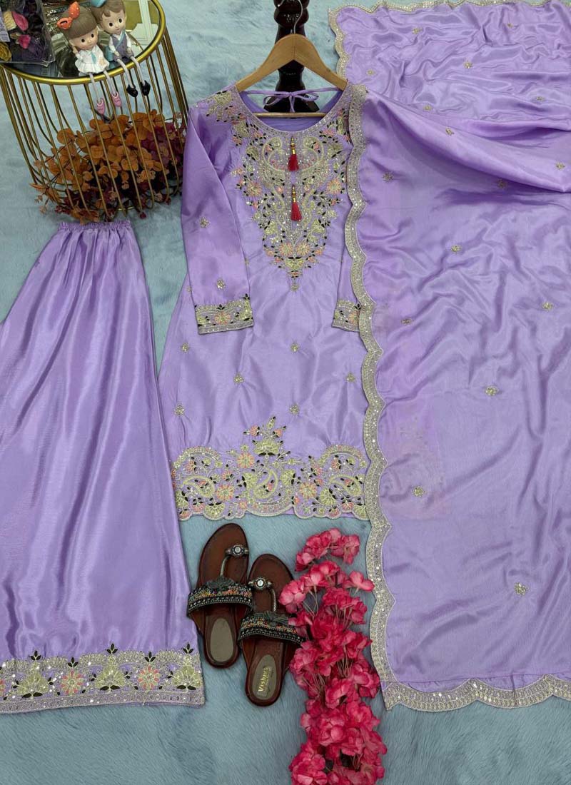 Prazu Fashion Lavender Chinon Silk Embroidered Codding Work Plazzo Suit | Grocsy