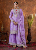 Prazu Fashion Lavender Chinon Silk Embroidered Codding Work Plazzo Suit | Grocsy